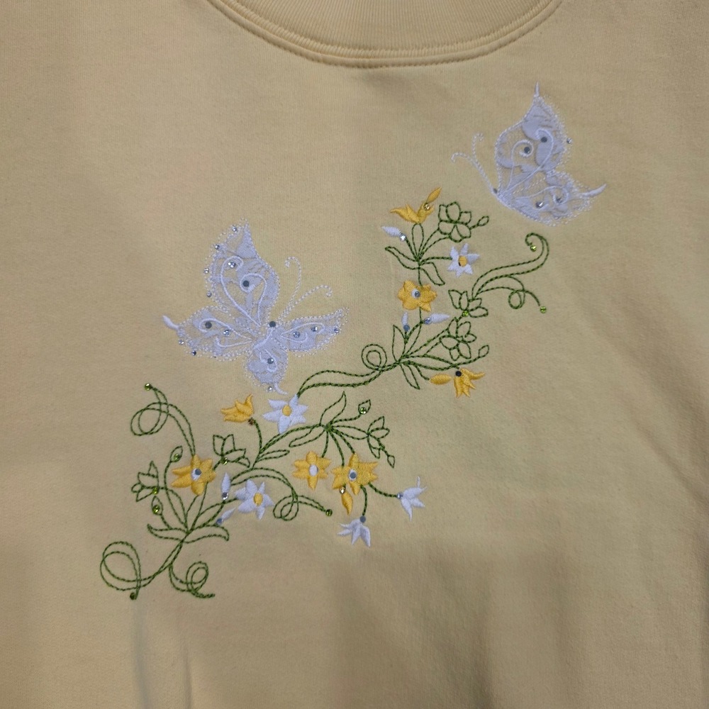Vintage 90s Embroidered Butterfly Floral Sweatshirt Yellow Double Collar Size L - Picture 3 of 7